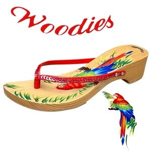Woodies Sandals Tropical Parrot Hand Paint Leather Sequin Strap Rubber/Sole Sz 9